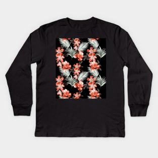 Palm Leaves And Flowers, Red Black Kids Long Sleeve T-Shirt